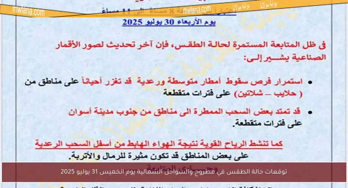 توقعات حالة الطقس في مطروح والسواحل الشمالية يوم الخميس 31 يوليو 2025