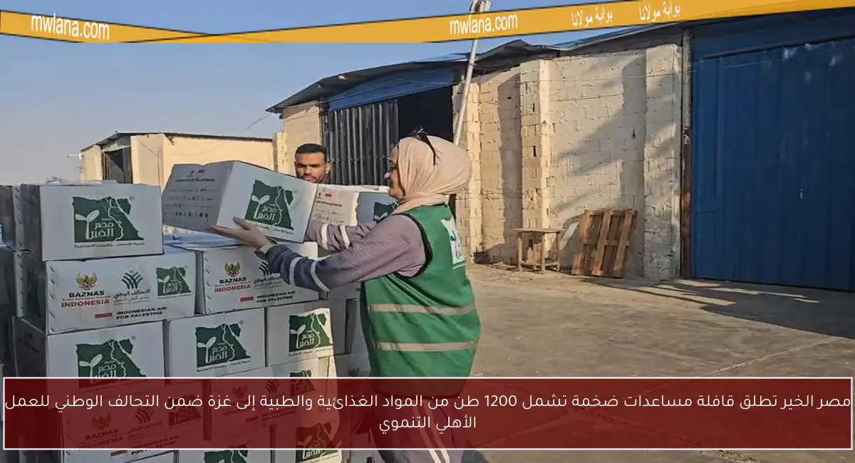 مصر الخير تطلق قافلة مساعدات ضخمة تشمل 1200 طن من المواد الغذائية والطبية إلى غزة ضمن التحالف الوطني للعمل الأهلي التنموي