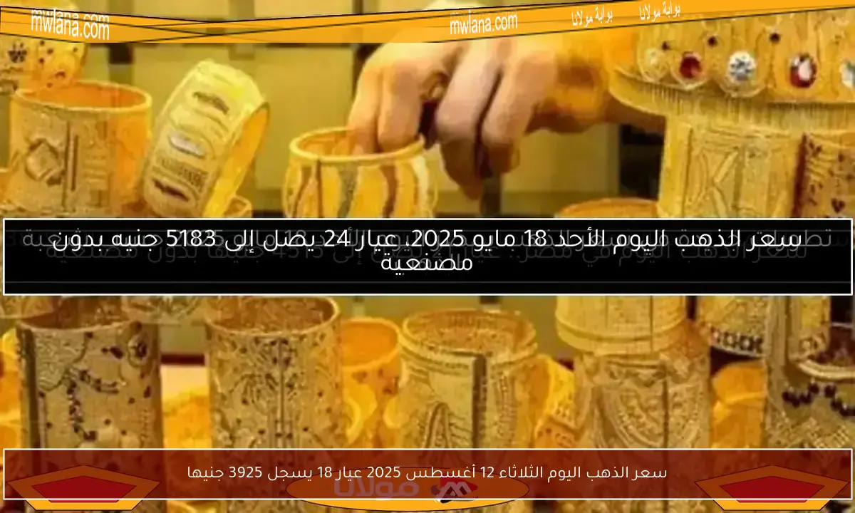 سعر الذهب اليوم الثلاثاء 12 أغسطس 2025 عيار 18 يسجل 3925 جنيها