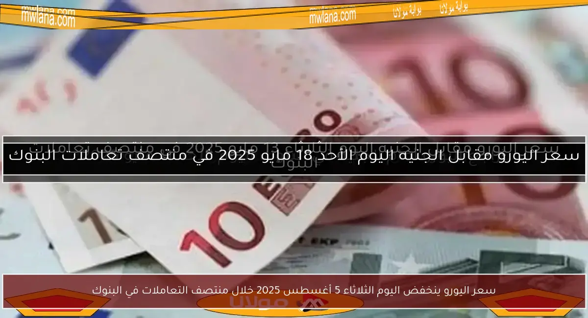 سعر اليورو ينخفض اليوم الثلاثاء 5 أغسطس 2025 خلال منتصف التعاملات في البنوك