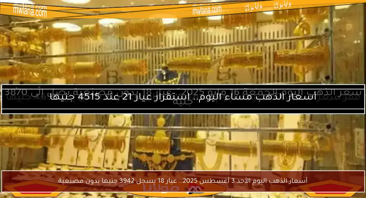 أسعار الذهب اليوم الأحد 3 أغسطس 2025.. عيار 18 يسجل 3942 جنيها بدون مصنعية