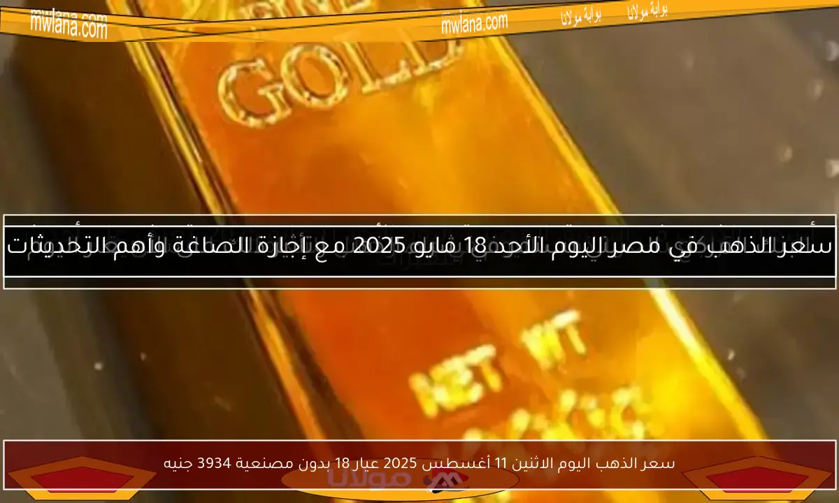 سعر الذهب اليوم الاثنين 11 أغسطس 2025 عيار 18 بدون مصنعية 3934 جنيه