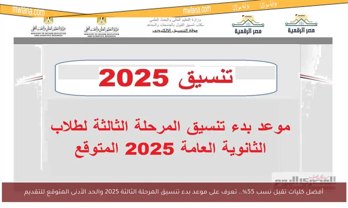 أفضل كليات تقبل نسب 55%.. تعرف على موعد بدء تنسيق المرحلة الثالثة 2025 والحد الأدنى المتوقع للتقديم