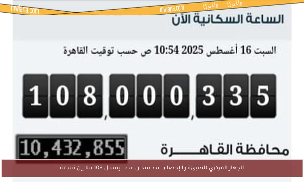 الجهاز المركزي للتعبئة والإحصاء: عدد سكان مصر يسجل 108 ملايين نسمة