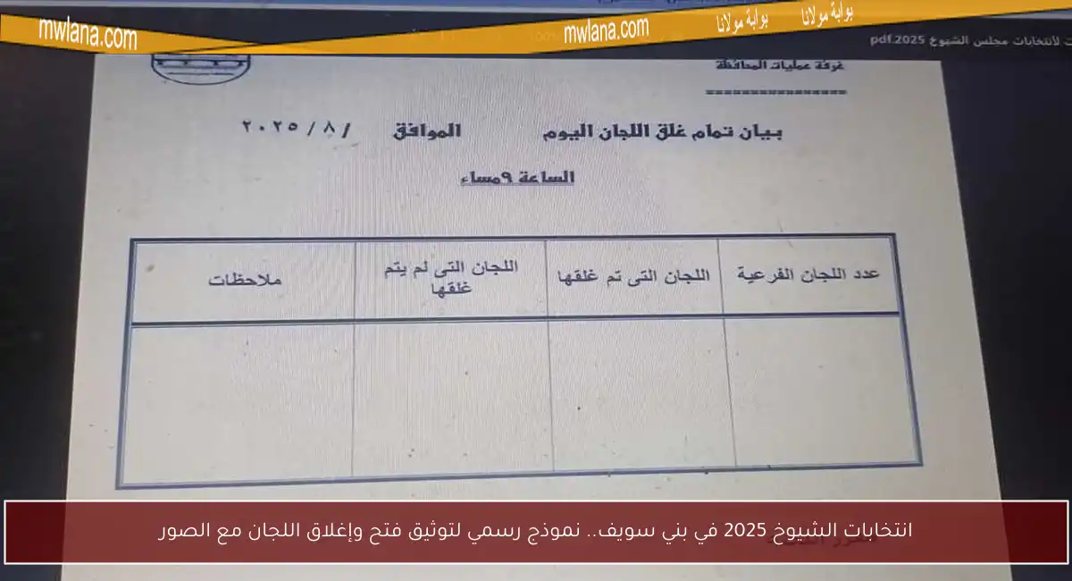 انتخابات الشيوخ 2025 في بني سويف.. نموذج رسمي لتوثيق فتح وإغلاق اللجان مع الصور