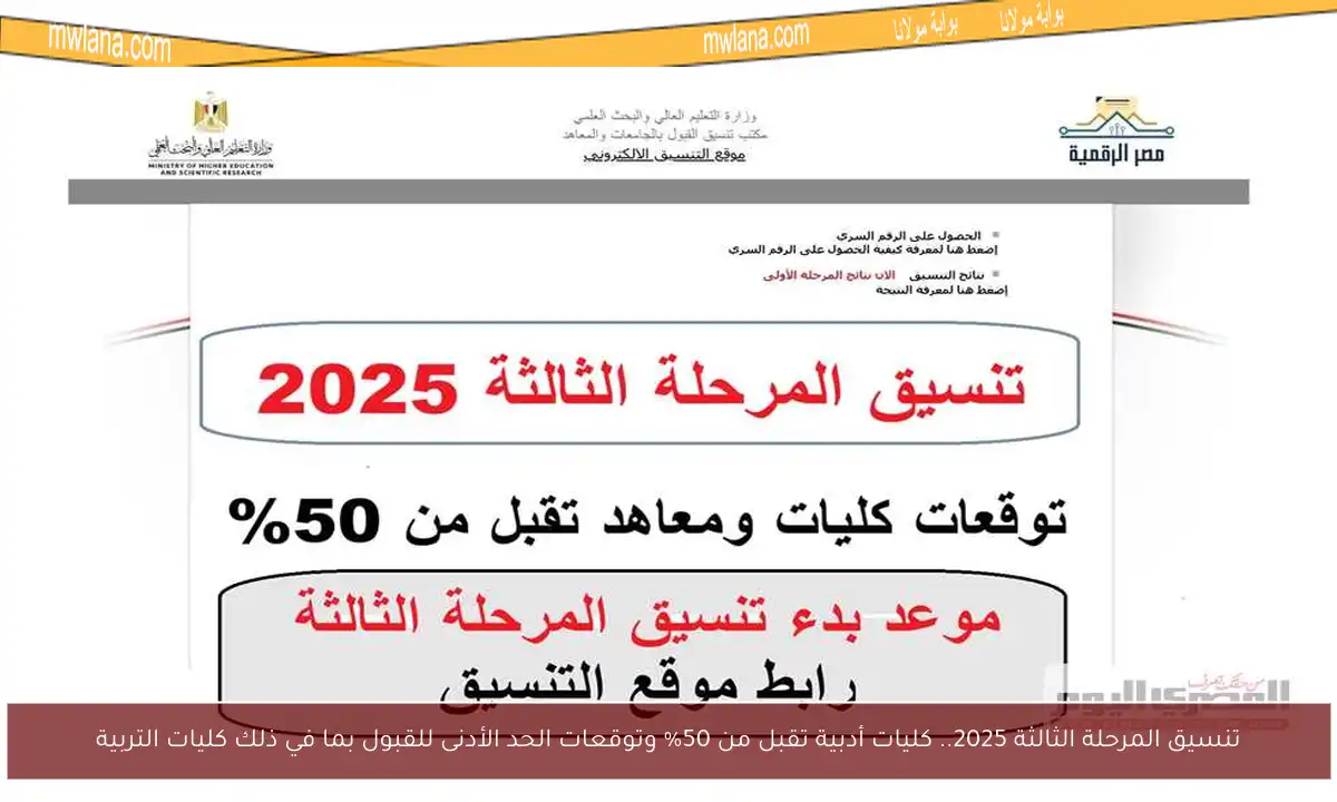 تنسيق المرحلة الثالثة 2025.. كليات أدبية تقبل من 50% وتوقعات الحد الأدنى للقبول بما في ذلك كليات التربية