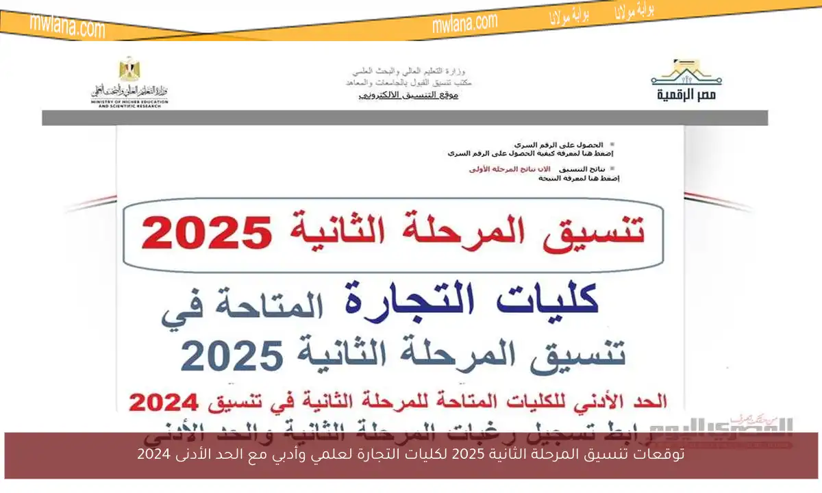 توقعات تنسيق المرحلة الثانية 2025 لكليات التجارة لعلمي وأدبي مع الحد الأدنى 2024