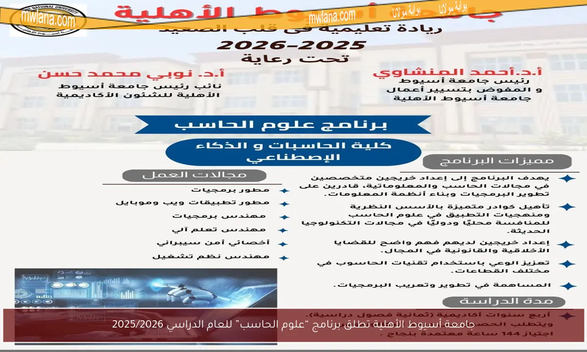 جامعة أسيوط الأهلية تطلق برنامج “علوم الحاسب” للعام الدراسي 2025/2026