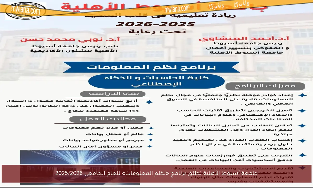 جامعة أسيوط الأهلية تطلق برنامج «نظم المعلومات» للعام الجامعي 2025/2026