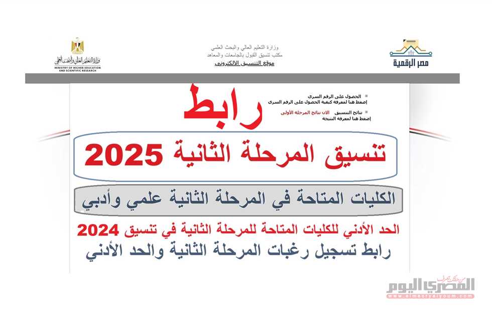 رابط تنسيق المرحلة الثانية 2025 وتوقعات الكليات المتاحة للعلمي والأدبي مع الحد الأدنى للقبول في 2024